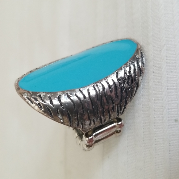Silver Turquoise Enamel Southwest Stretch Ring - Picture 2 of 4